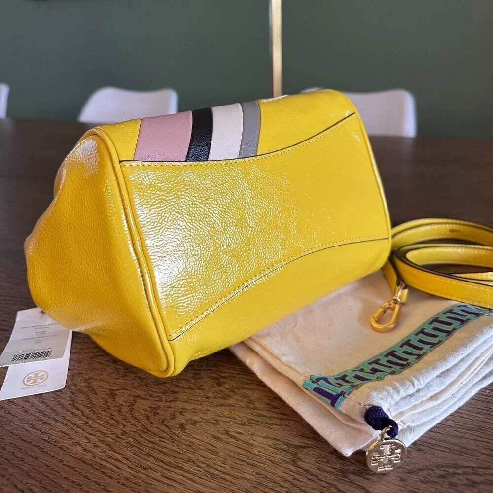NEW! NWT! Tory Burch Half Moon Strip Mini Satchel Boston -Yellow Leather Women